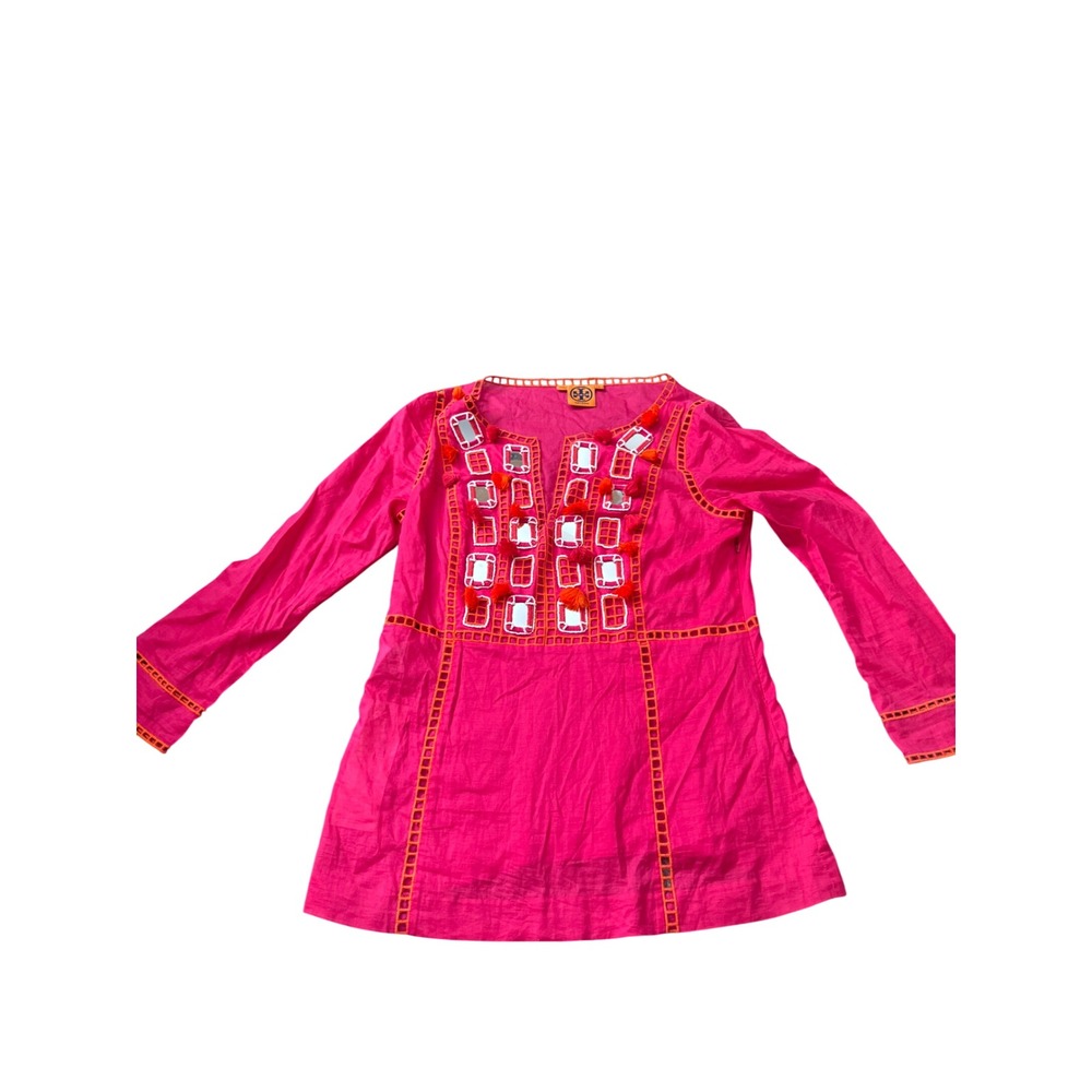 Tory Burch Pink Mirror Embroidered Tassel Tunic Top Orange Trim SKU67 Size 6